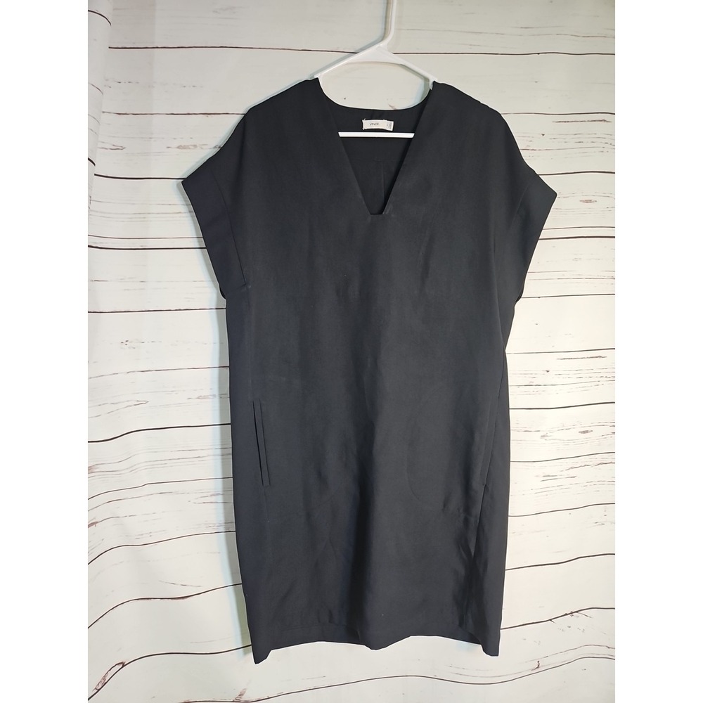 Vince Women Black V-Neck Cap Sleeve Shift‎ Dress with Pockets XS V3450-50675